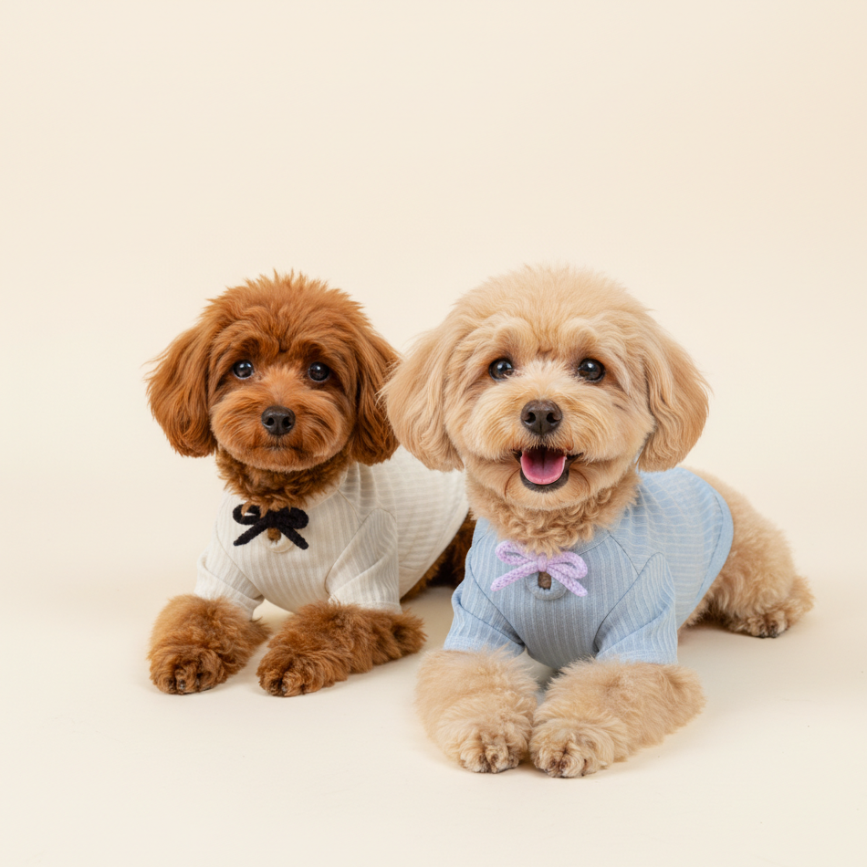 Two small dogs wearing sweaters with bows on a beige background