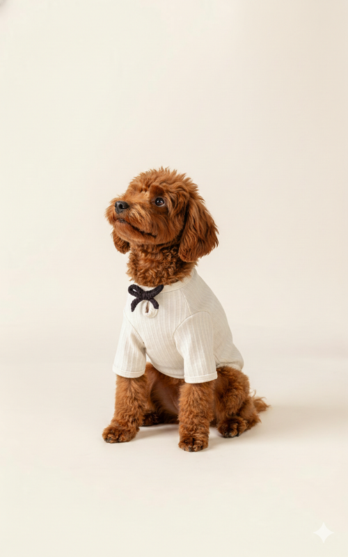 Small dog wearing a white shirt and black bow tie on a light background