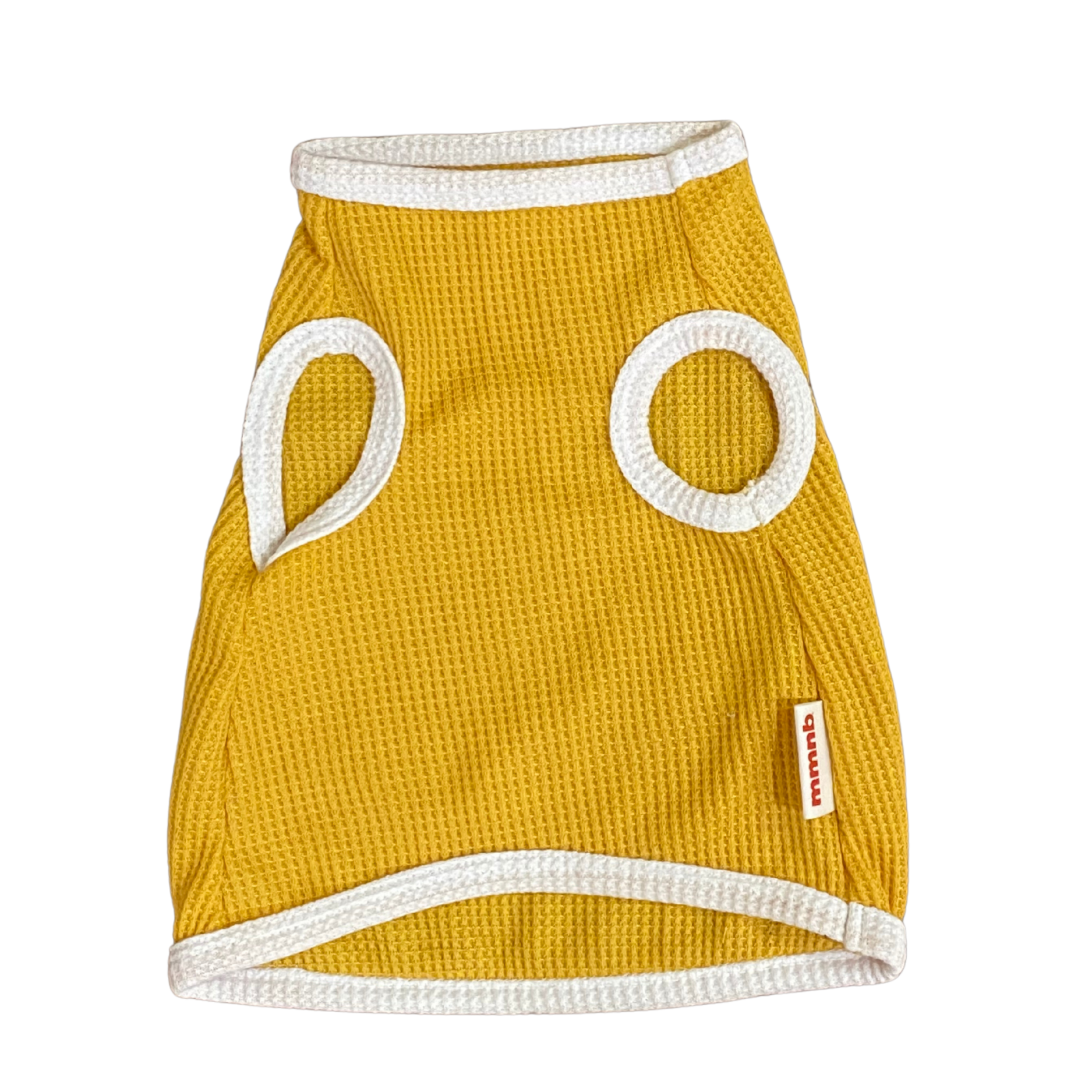 Yellow pet dress with white accents on a white background
