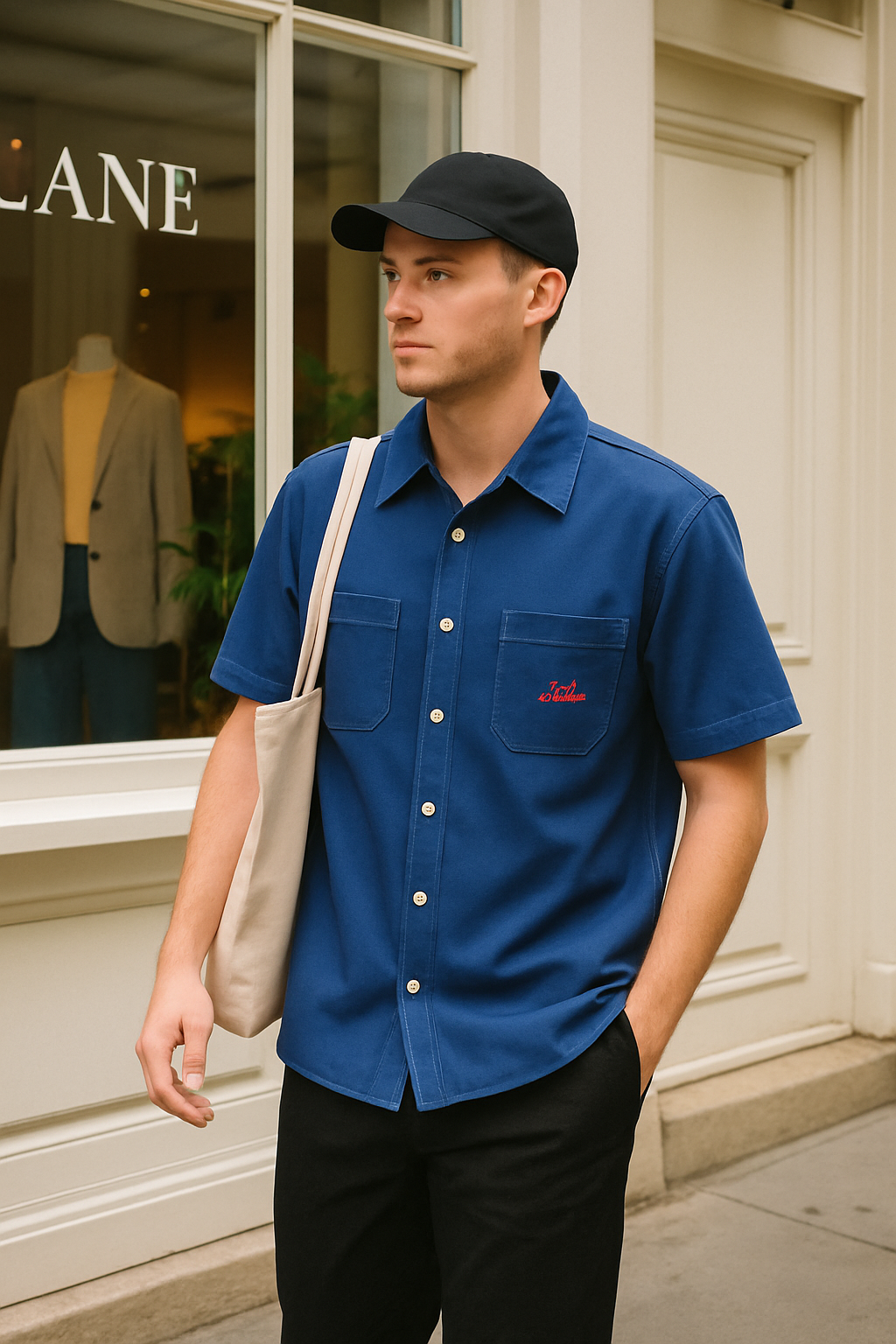 Man wearing a blue shirt with a red logo, black cap, and carrying a beige bag, standing in front of a store window.