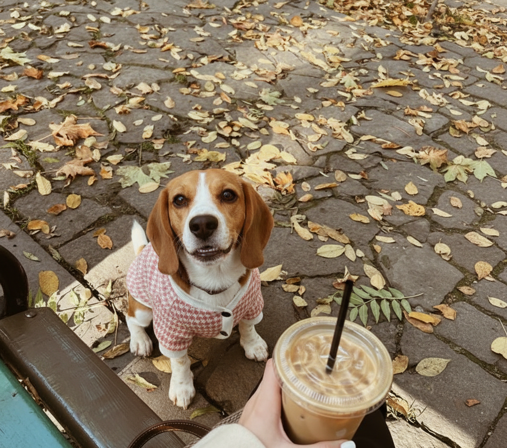 Dog in a checkered coat holding a cup of coffee on a cobblestone street with autumn leaves.