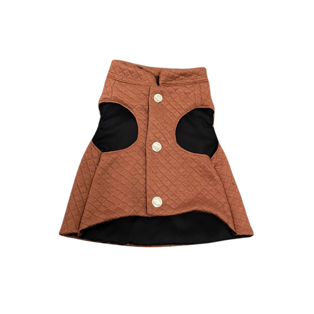 Brown quilted dog coat with black accents on a white background