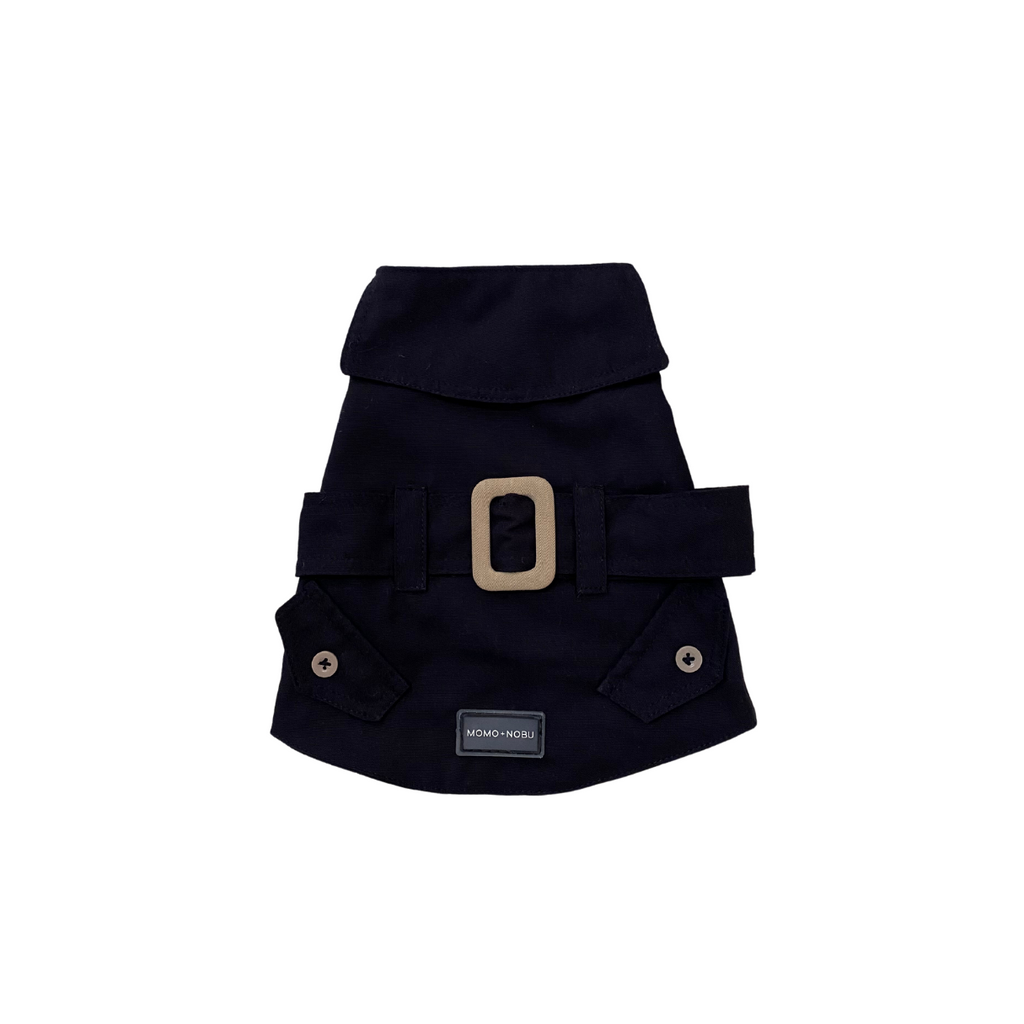 Black dog coat with a belt and buckle on a white background