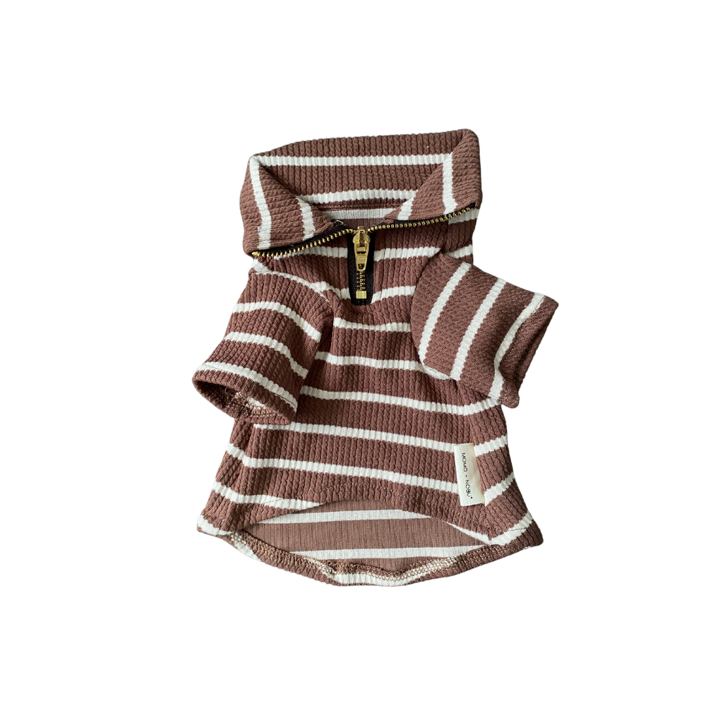 Brown and white striped dog sweater on a white background