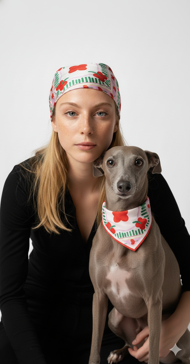 Woman holding a dog both wearing patterned headbands and bandanas against a white background