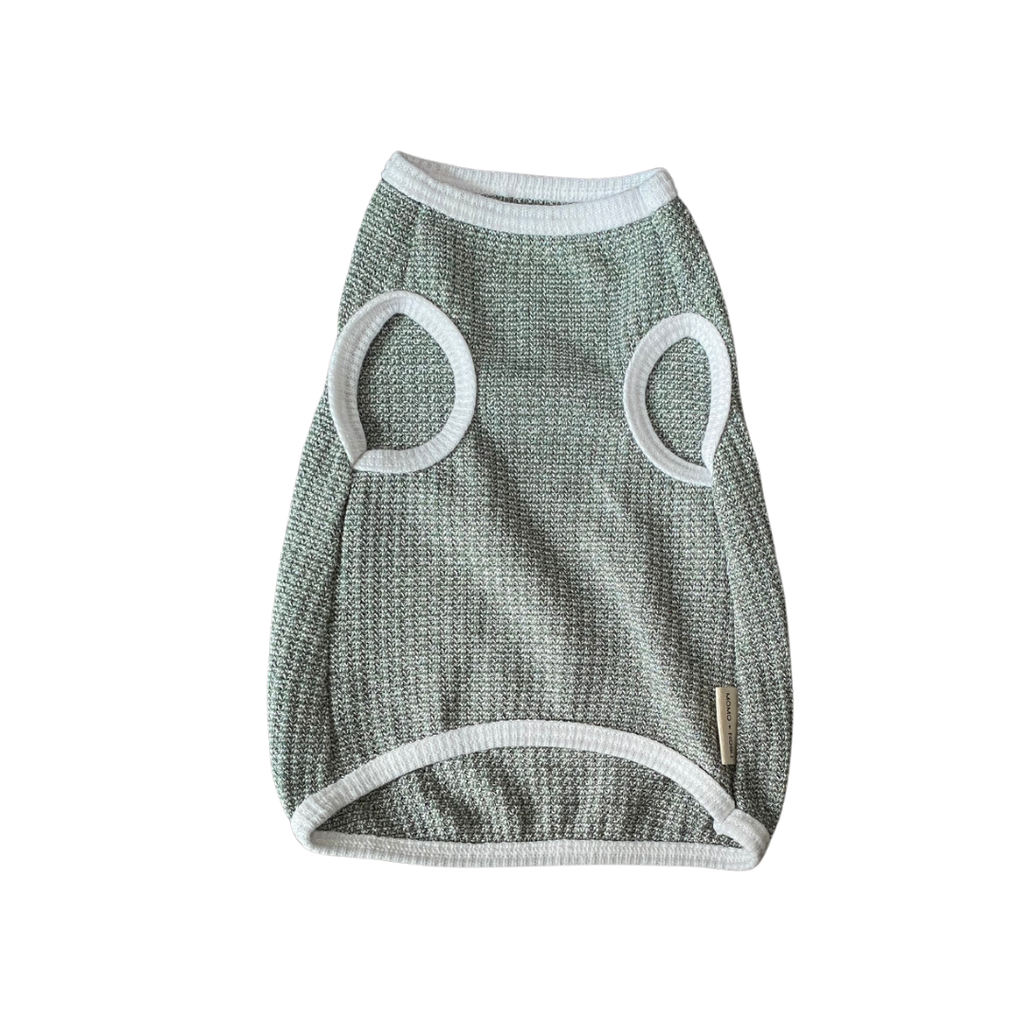 Gray mesh pet coat with white trim on a white background