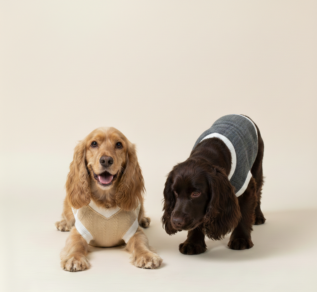 Two dogs wearing sweaters on a beige background