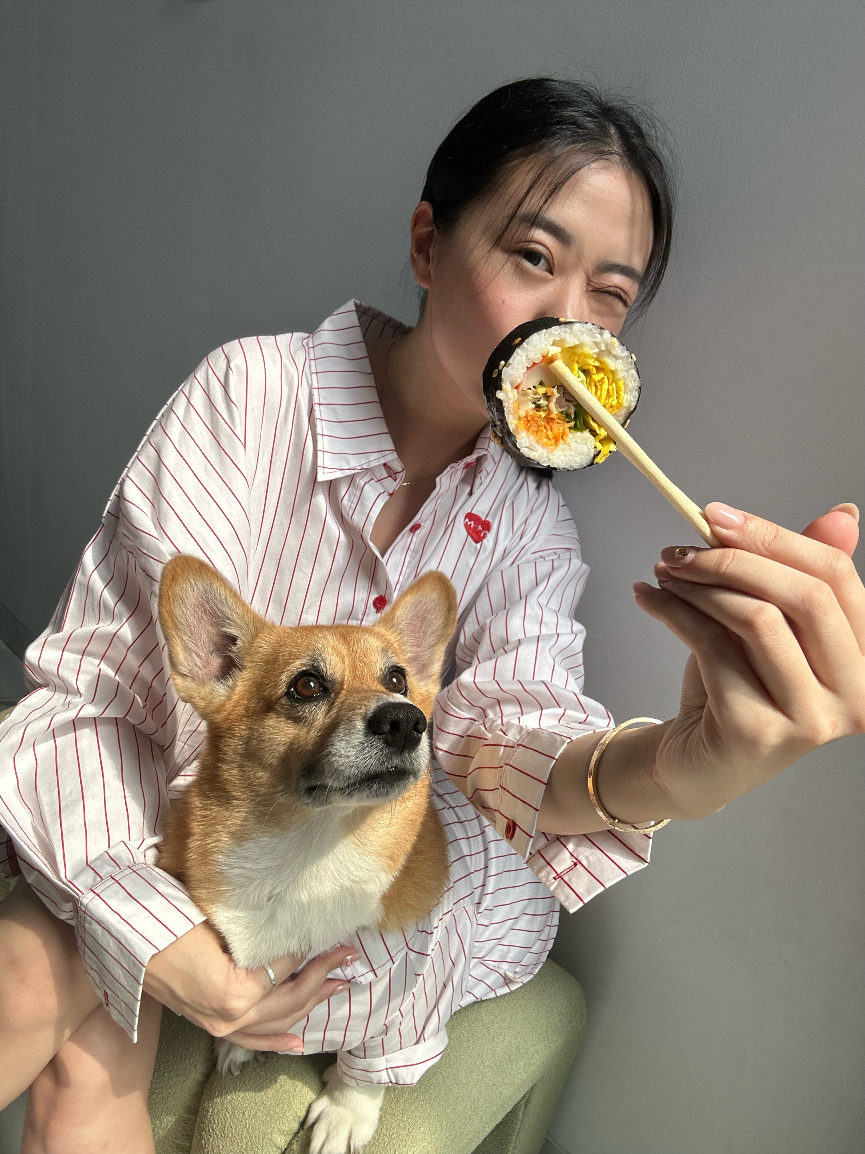 Person holding a piece of sushi with chopsticks and a dog sitting next to them on a gray background