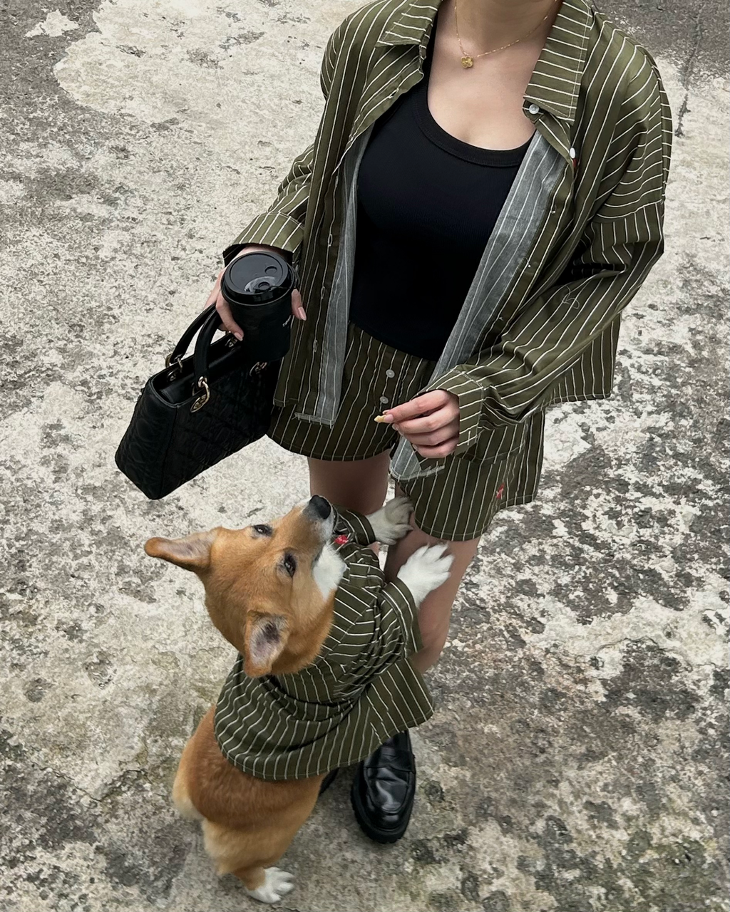 Person and dog wearing matching striped outfits on a textured pavement.