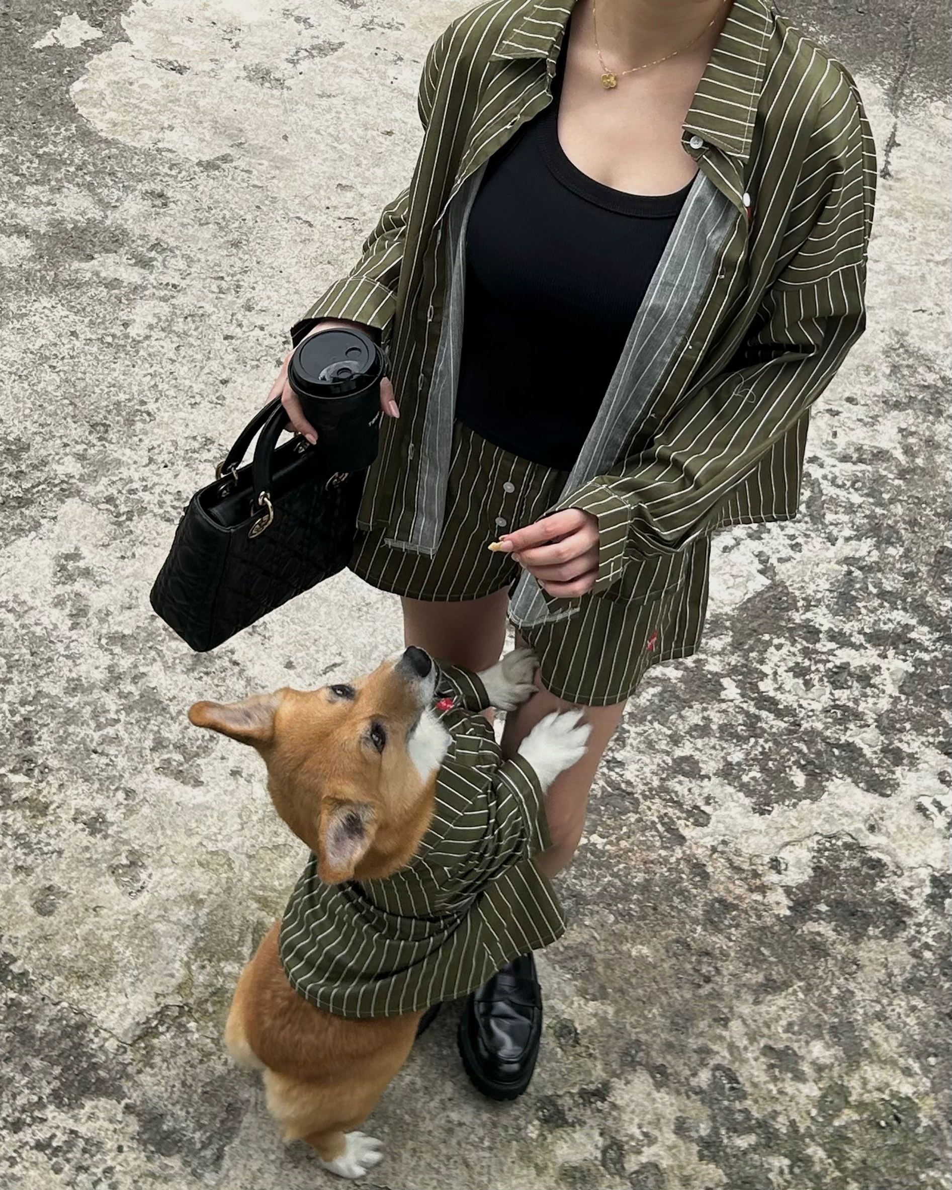 Person and dog wearing matching striped outfits on a textured pavement.