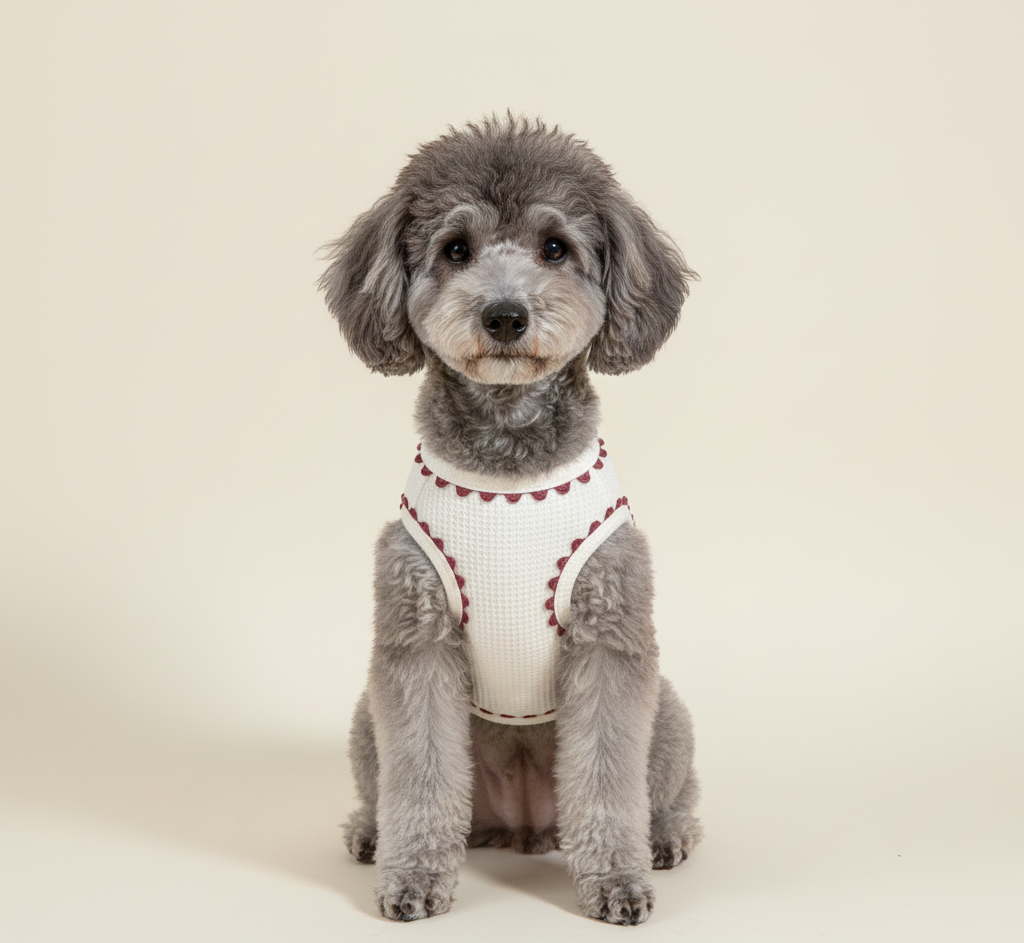 Small dog wearing a white outfit with red accents on a beige background