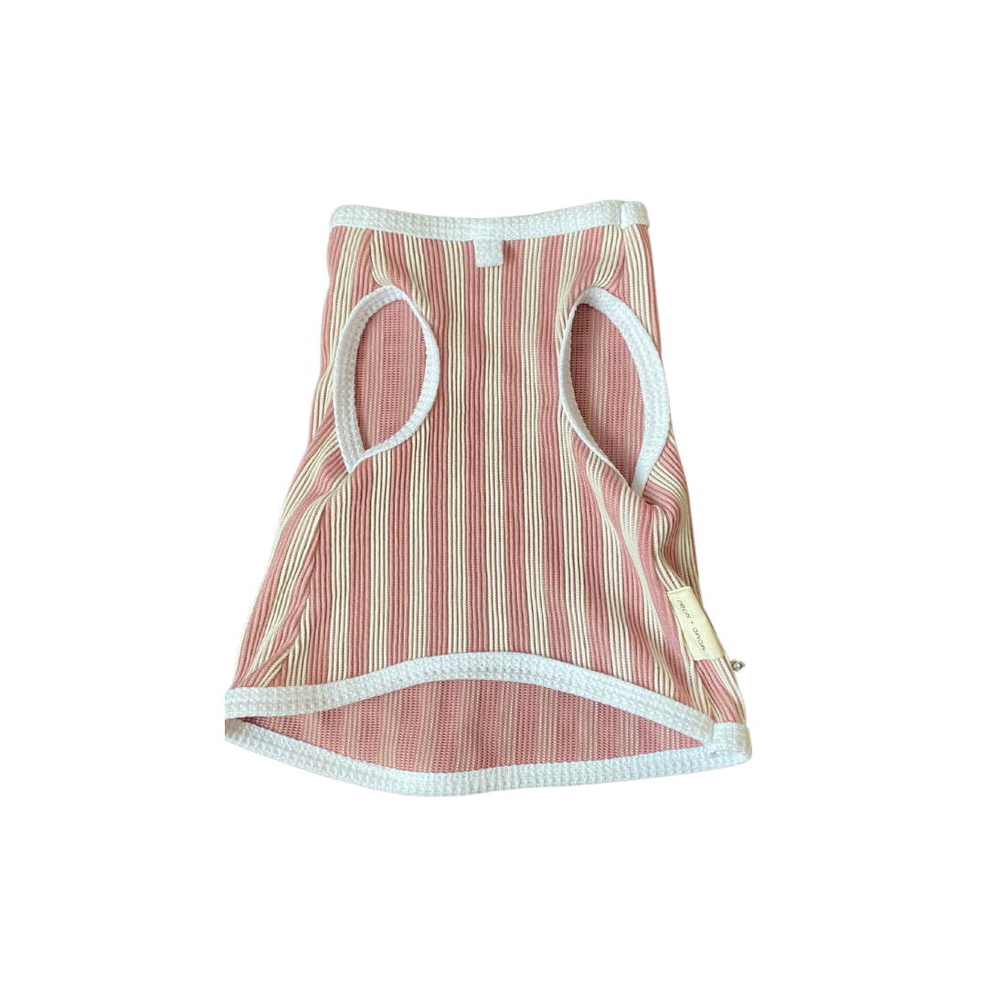 Pink and white striped pet dress on a white background