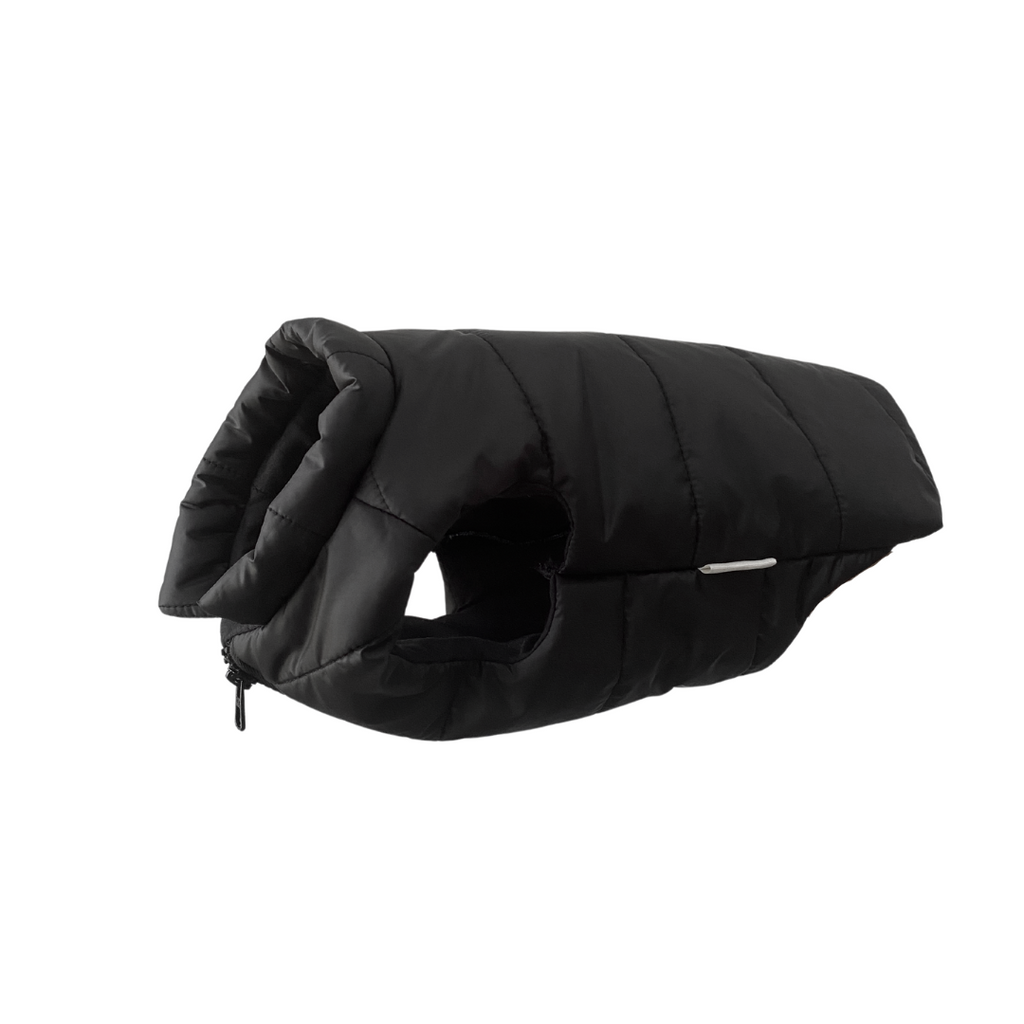 Black padded vest for pet on a white background