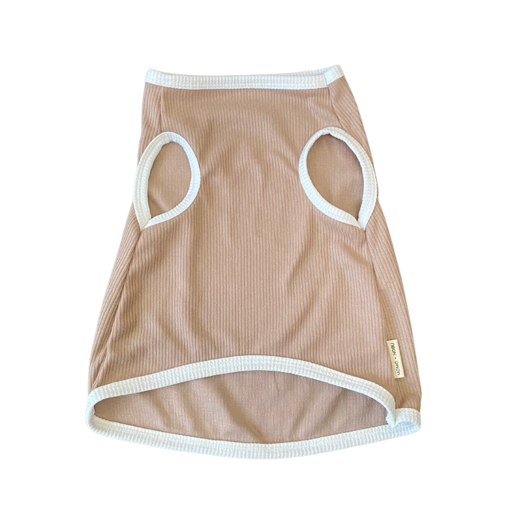 Beige pet dress with mesh design on a white background