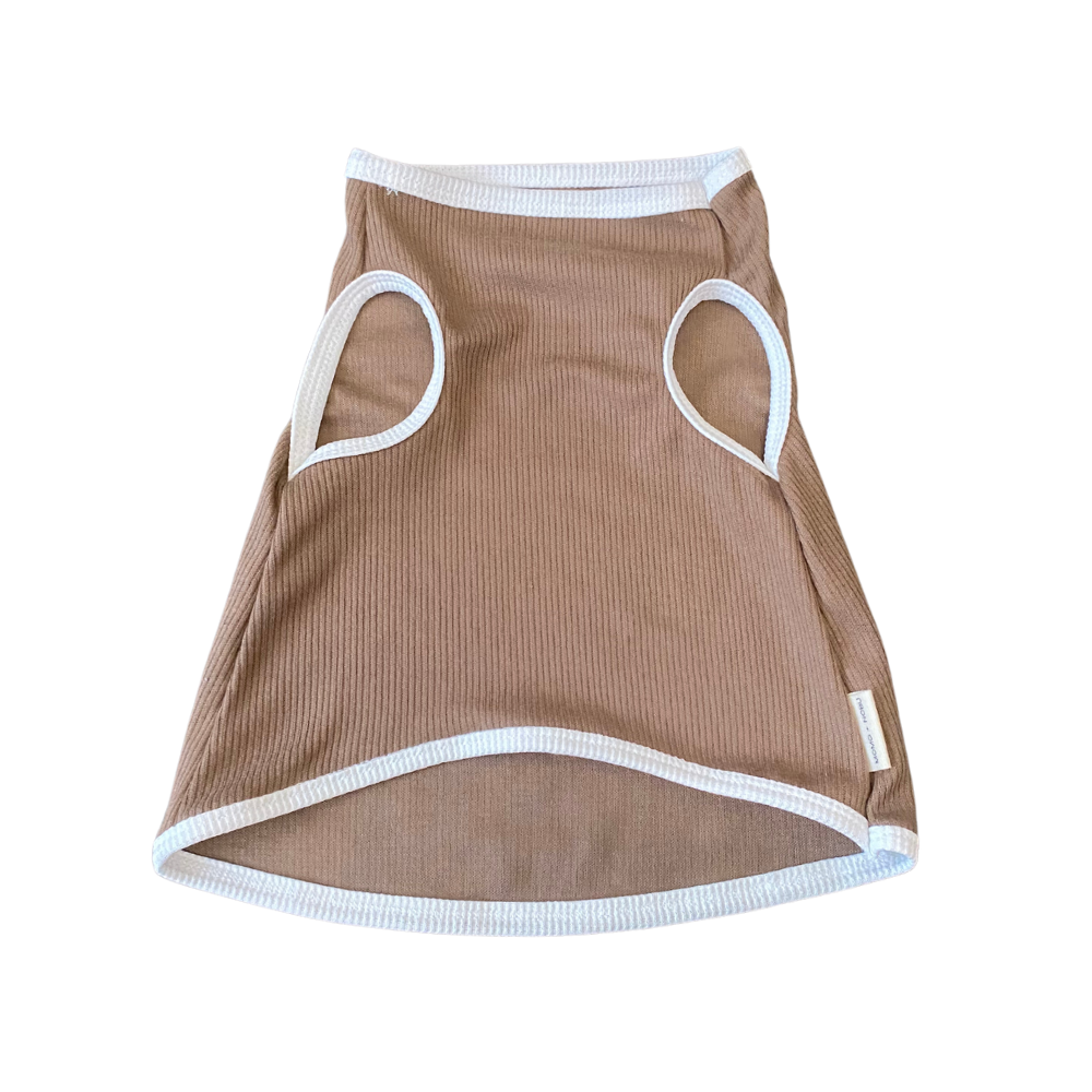 Brown pet dress with white trim on a white background