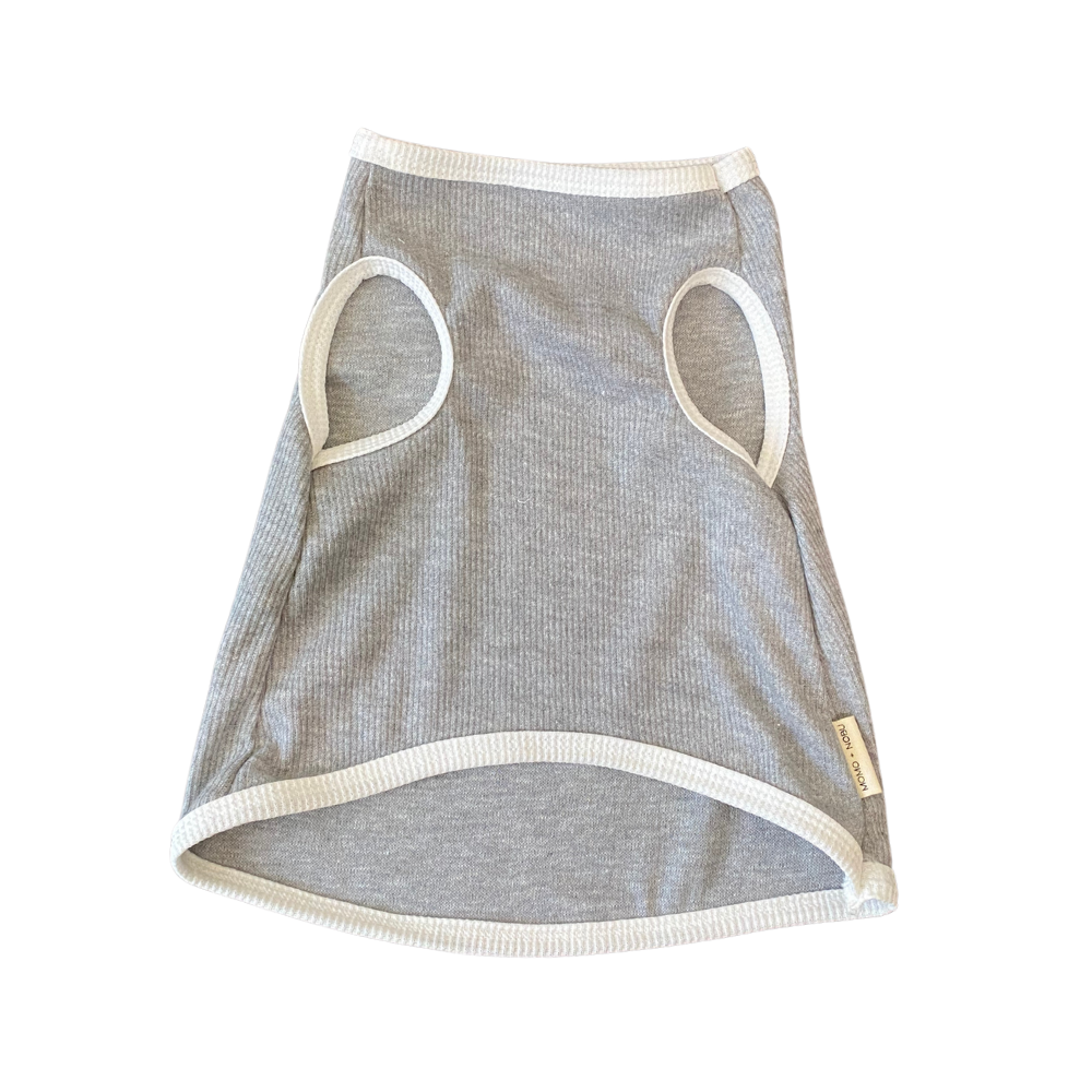 Gray pet dress with white accents on a white background