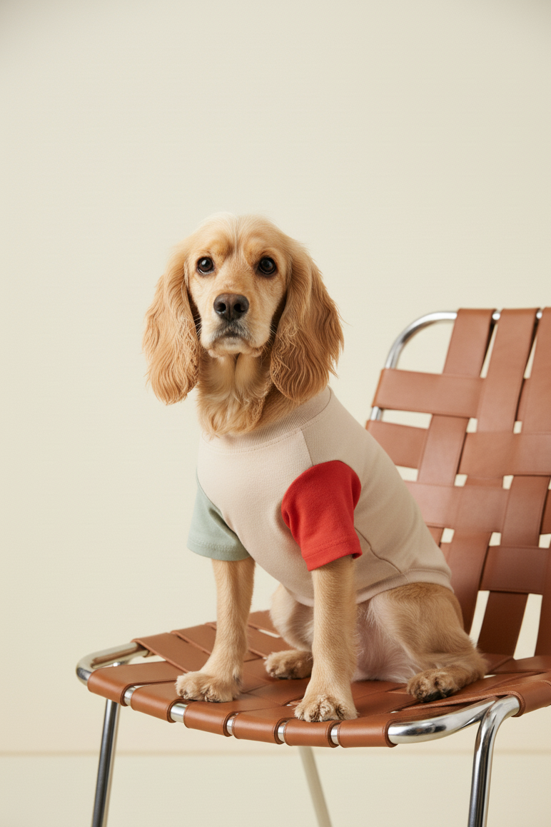 Dog wearing a tee sitting on a brown chair with a beige background