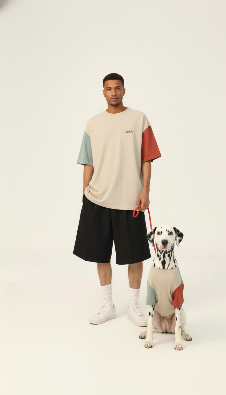 Man wearing a color-blocked t-shirt and shorts with a dog on a leash against a white background