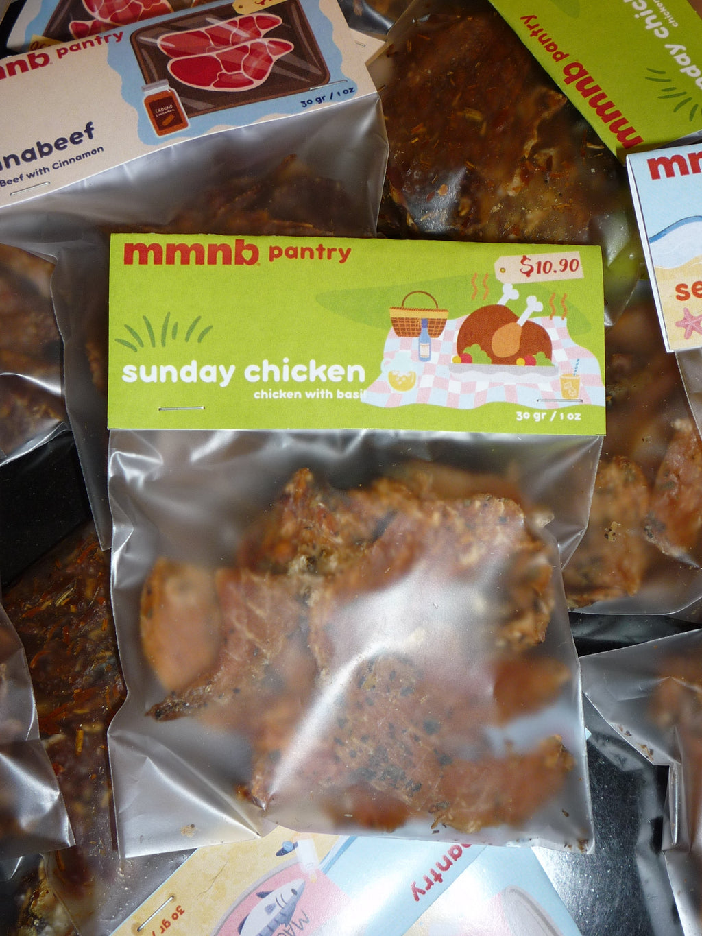 Packaged chicken treats with a visible 'mminb pantry' label.