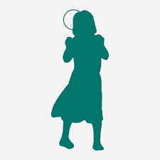 Silhouette of a child holding a heart-shaped object on a light blue background