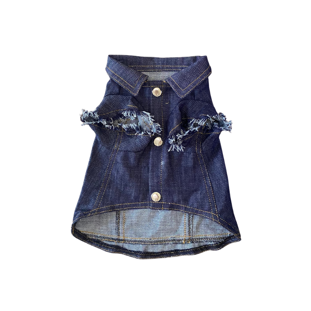 Denim dog vest with frayed edges on a white background