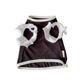 Brown pet dress with white ruffled details on a white background