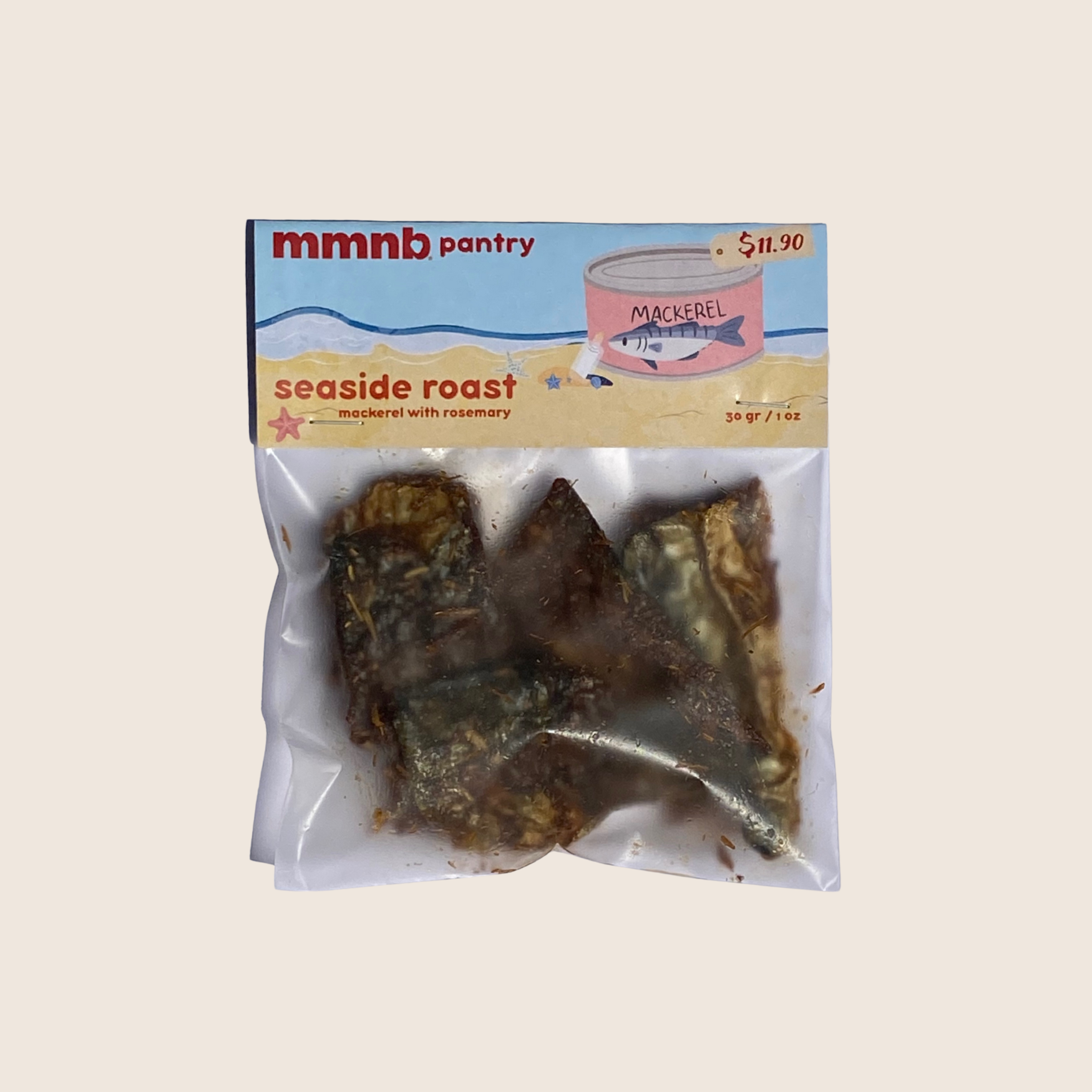 Packaged mackerel with rosemary on a beige background