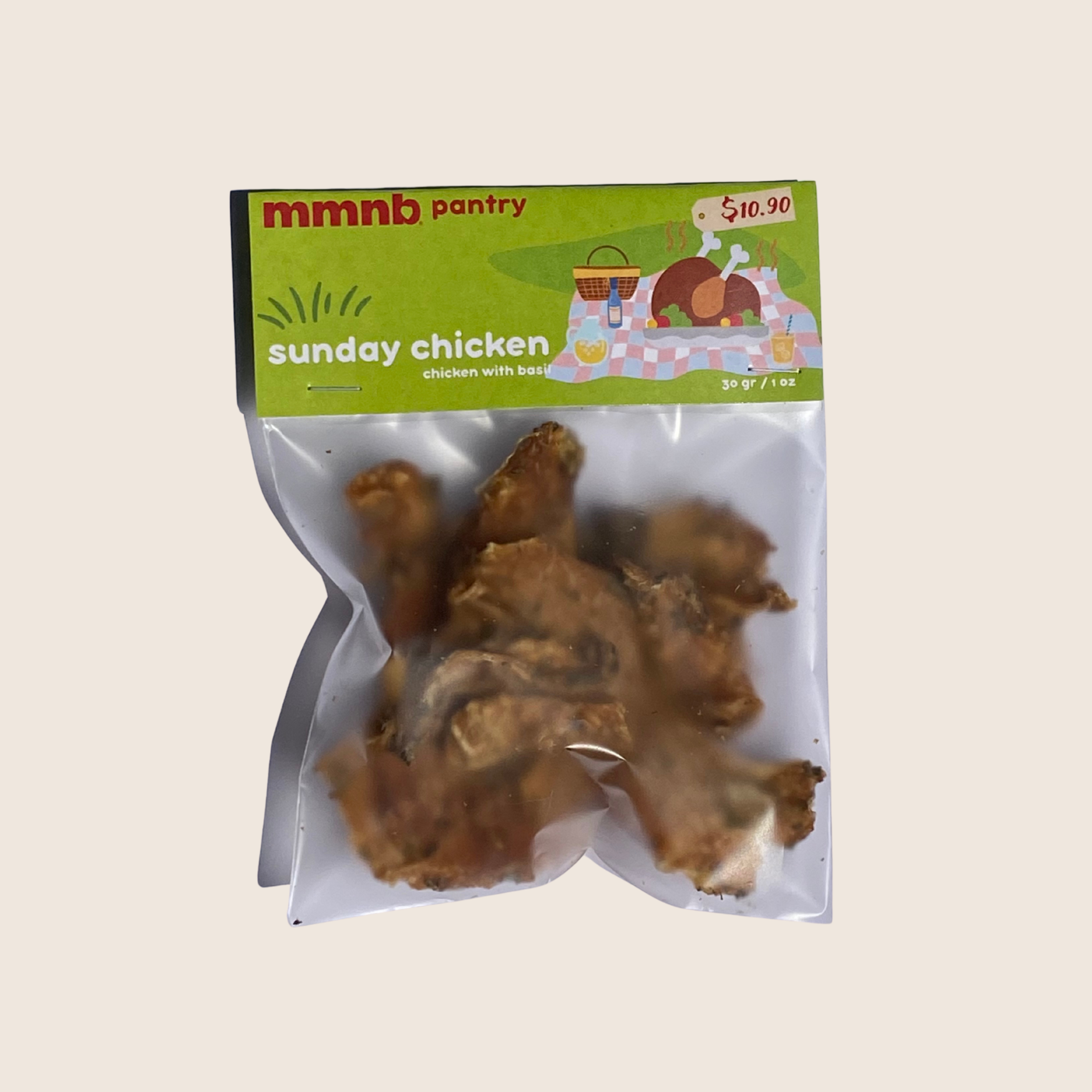 Package of chicken treats with a green label on a beige background
