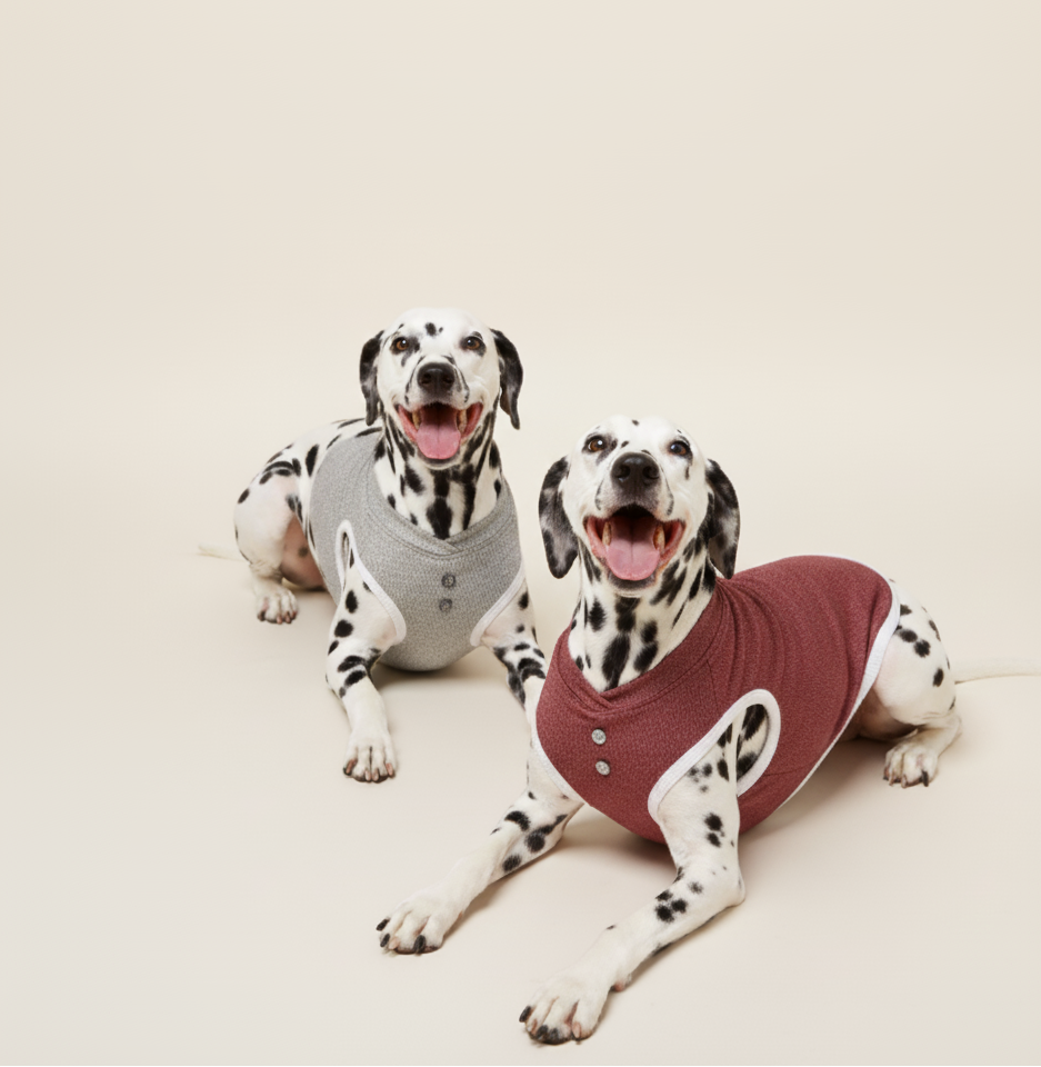 Two Dalmatian dogs wearing shirts on a beige background